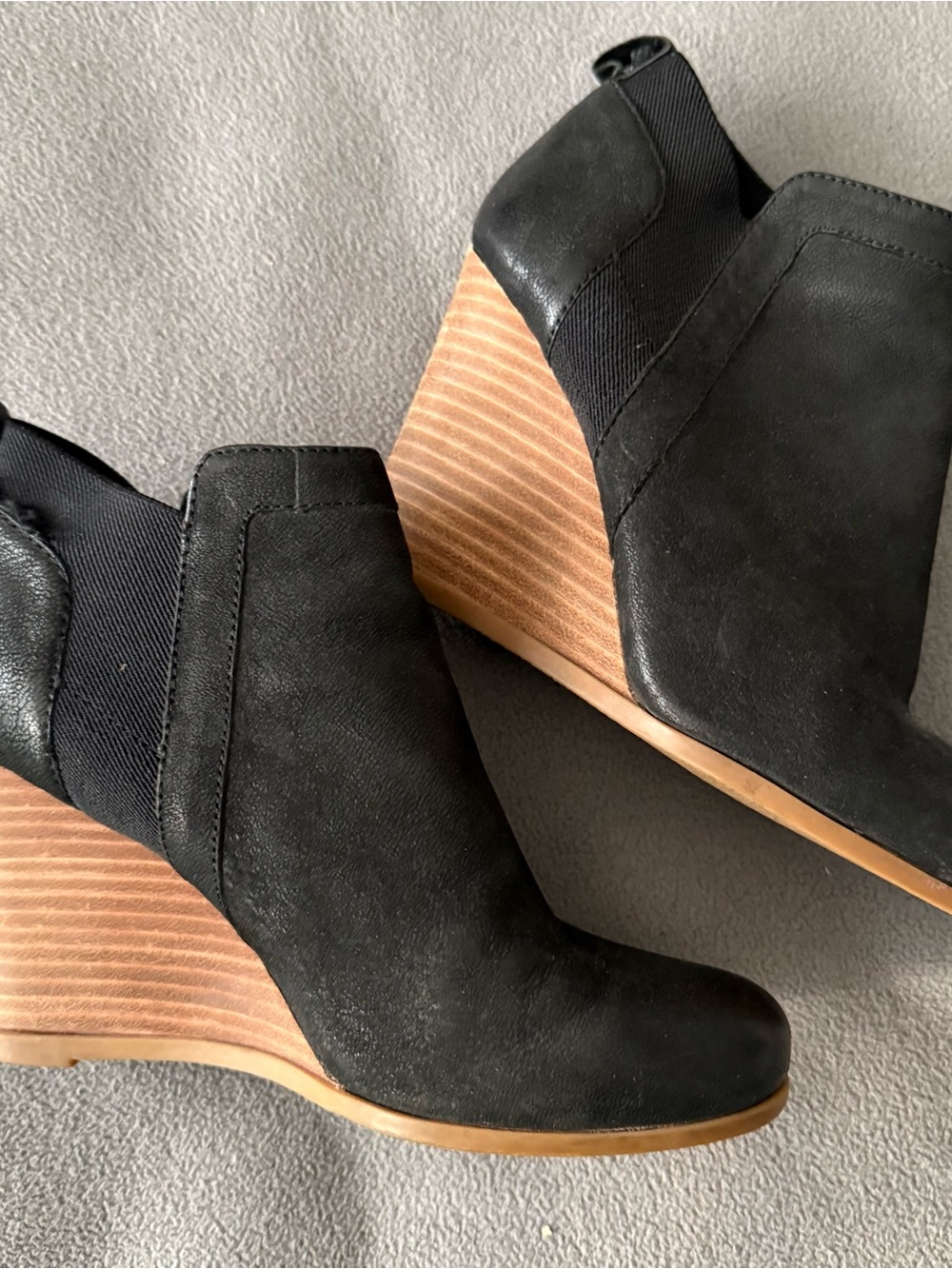 Crown Black Wedge Ankle Booties with Wood-Effect Heel